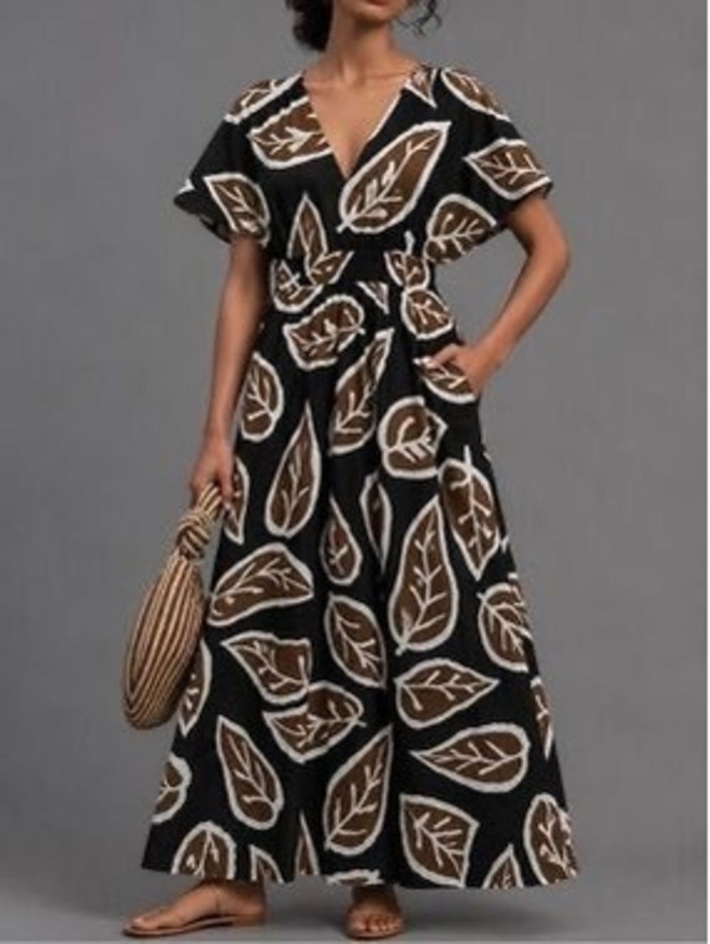 Uncle Frank brown Black White Bold Leaf Print midi dress
